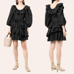 Ulla Johnson Giselle Ruffled Puff Sleeve Mini Dress Size 4 Black Noir Preowned